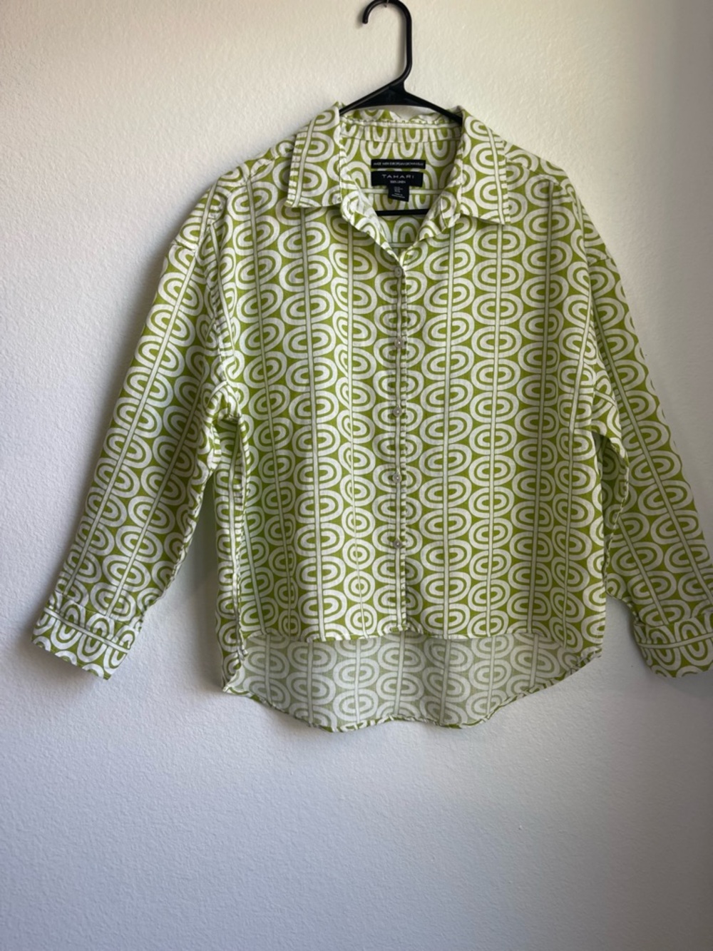 Tahari Lime Green Geometric Linen Button-Up Shirt Size M - Picture 6 of 12